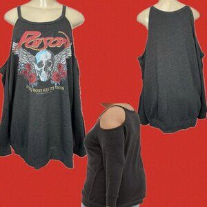 Vinyl Icons +5 Gray Fleece Knit Poison Band Skull-Rose Cold Shoulder Sweatshirt